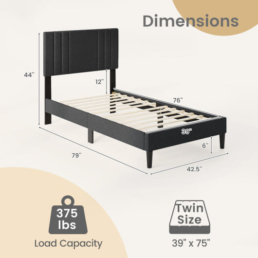 Full/Queen/Twin Size Bed Frame with Vertical Channel Tufted Headboard and Wooden Slats-Twin Size - Color: Gray - Size: Twin Size