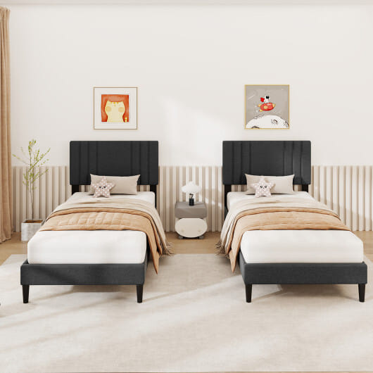 Full/Queen/Twin Size Bed Frame with Vertical Channel Tufted Headboard and Wooden Slats-Twin Size - Color: Gray - Size: Twin Size