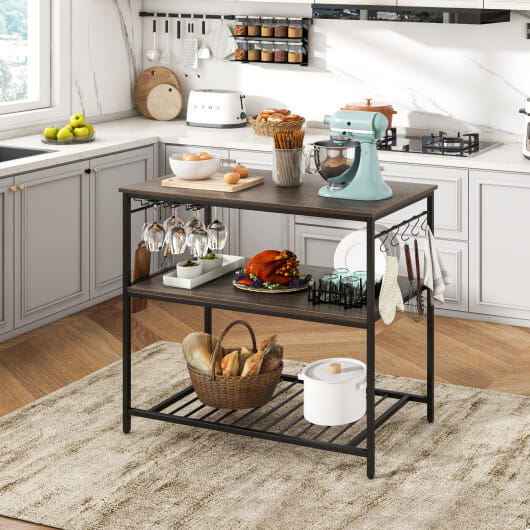 Kitchen Island with 3 Shelves Wine Glass Holders and 10 Hooks-Gray