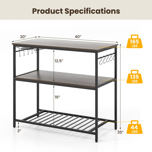 Kitchen Island with 3 Shelves Wine Glass Holders and 10 Hooks-Gray