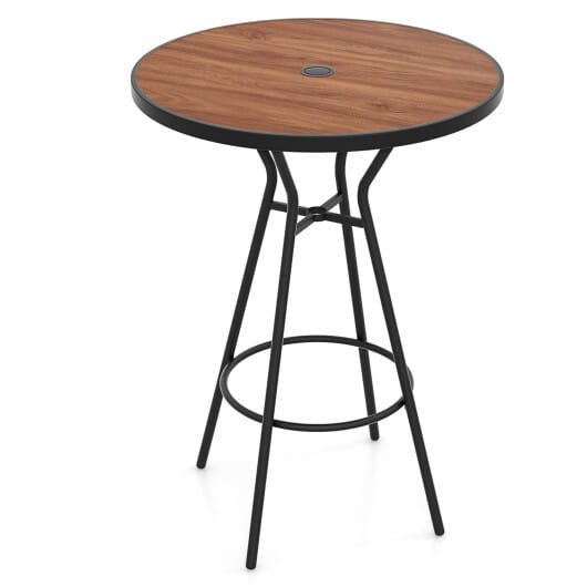 28 Inches Outdoor Bar Table with Wood-Like Tabletop for Backyard Garden - Color: Natural