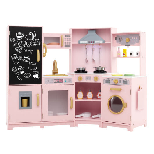 Corner Wooden Play Kitchen with Lights and Sounds Large Pretend Play Kitchen Set-Espresso