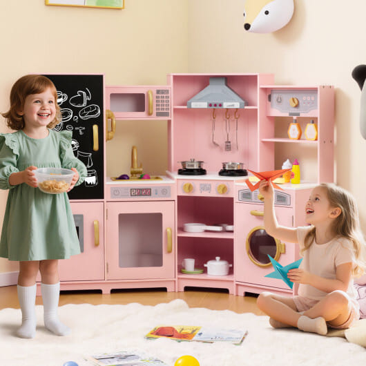 Corner Wooden Play Kitchen with Lights and Sounds Large Pretend Play Kitchen Set-Espresso
