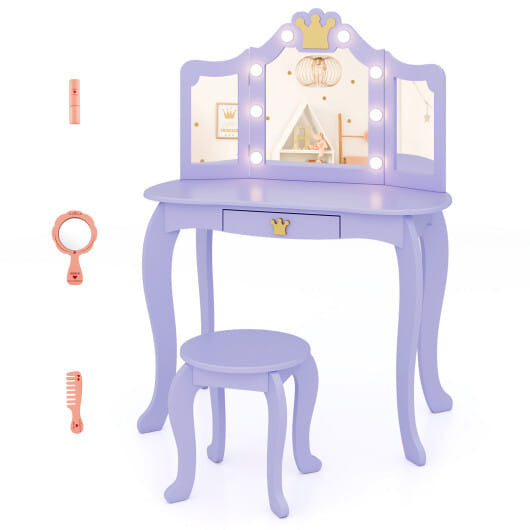 Kids Vanity Set with Tri-fold Lighted Mirror Detachable Top and Stool-Purple - Color: Purple