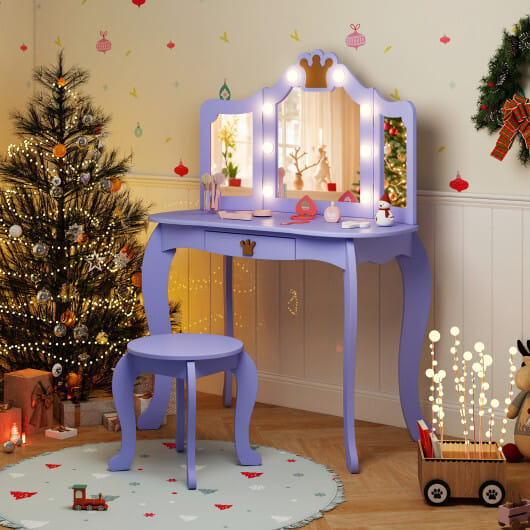 Kids Vanity Set with Tri-fold Lighted Mirror Detachable Top and Stool-Purple - Color: Purple