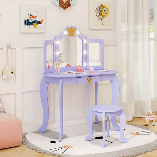 Kids Vanity Set with Tri-fold Lighted Mirror Detachable Top and Stool-Purple - Color: Purple