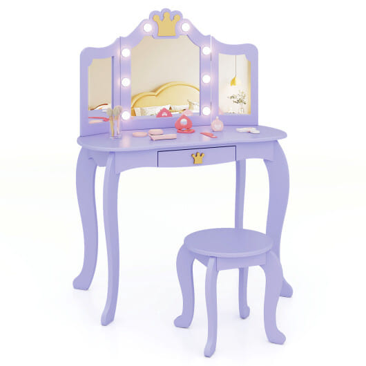 Kids Vanity Set with Tri-fold Lighted Mirror Detachable Top and Stool-Purple - Color: Purple