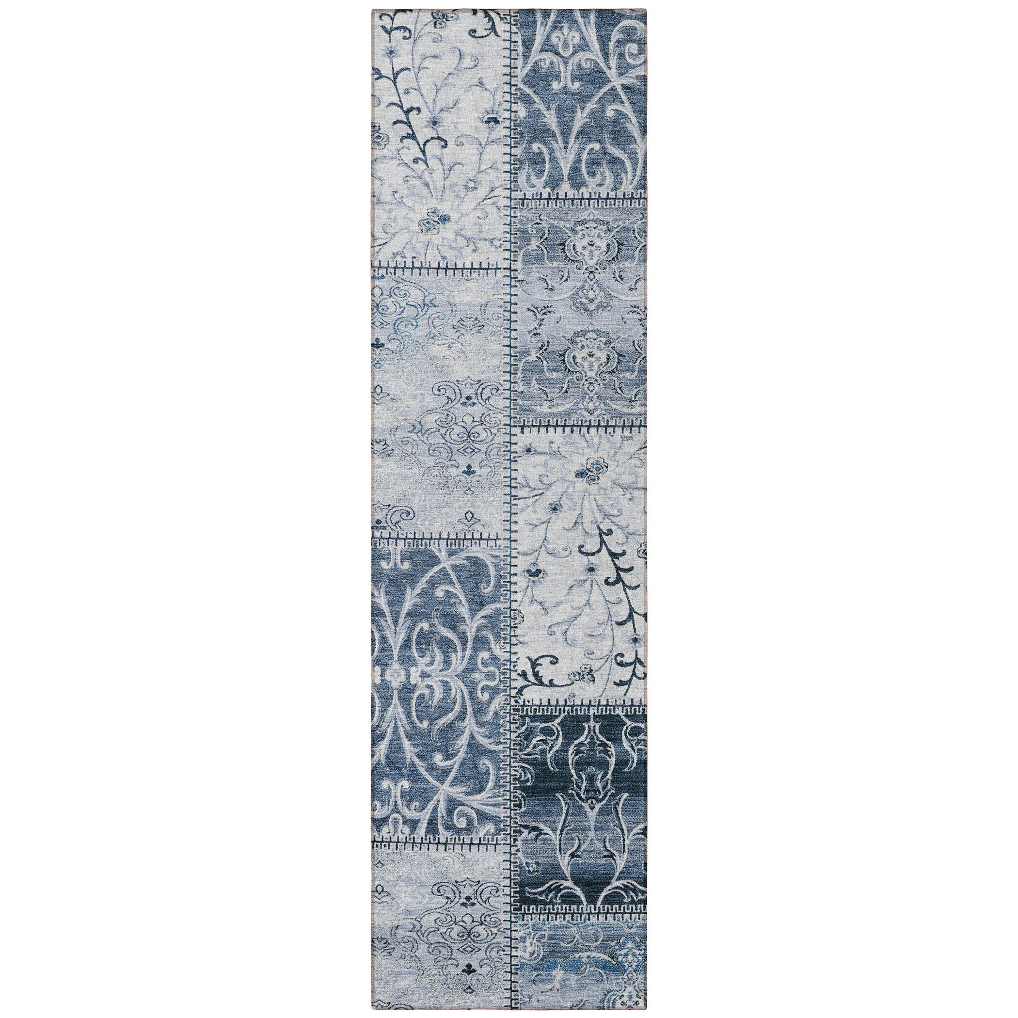 8' Runner Denim Blue Patchwork Washable Non Skid Indoor Outdoor Runner Rug