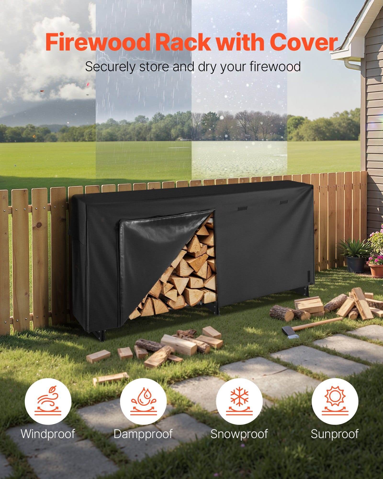 Firewood Rack with Waterproof Cover, 8 ft Outdoor Firewood Holder, 1/2 Cord Storage Metal Log Holder, 660lb Max Weight Capacity, Top Covered, Powder-Coated Wood Storage Rack for Fireplace Deck