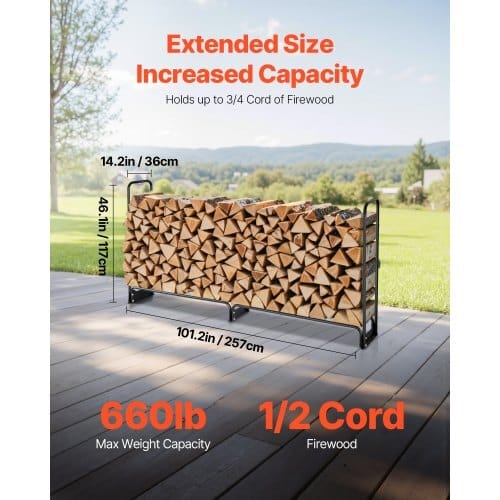 Firewood Rack with Waterproof Cover, 8 ft Outdoor Firewood Holder, 1/2 Cord Storage Metal Log Holder, 660lb Max Weight Capacity, Top Covered, Powder-Coated Wood Storage Rack for Fireplace Deck