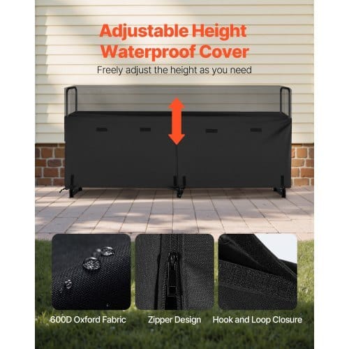 Firewood Rack with Waterproof Cover, 8 ft Outdoor Firewood Holder, 1/2 Cord Storage Metal Log Holder, 660lb Max Weight Capacity, Top Covered, Powder-Coated Wood Storage Rack for Fireplace Deck
