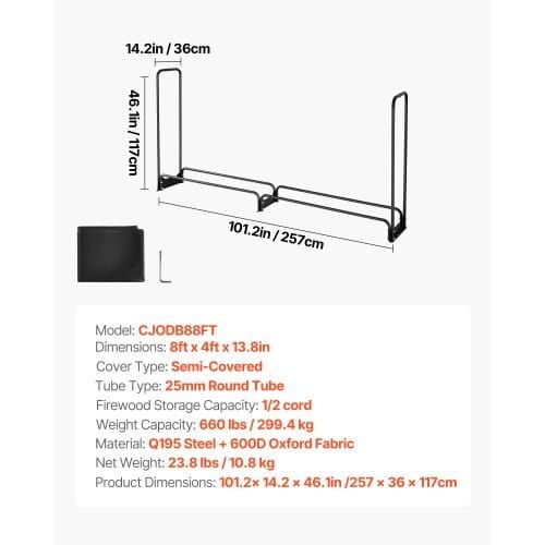 Firewood Rack with Waterproof Cover, 8 ft Outdoor Firewood Holder, 1/2 Cord Storage Metal Log Holder, 660lb Max Weight Capacity, Top Covered, Powder-Coated Wood Storage Rack for Fireplace Deck