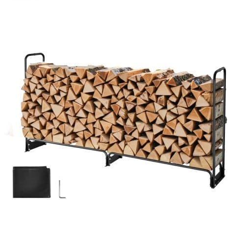 Firewood Rack with Waterproof Cover, 8 ft Outdoor Firewood Holder, 1/2 Cord Storage Metal Log Holder, 660lb Max Weight Capacity, Top Covered, Powder-Coated Wood Storage Rack for Fireplace Deck