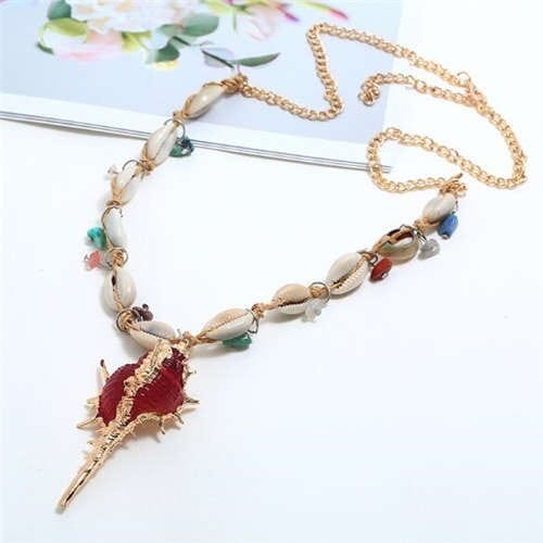 Conch Pendant Seashell Chain Design High Fashion Women Costume Necklace - Red