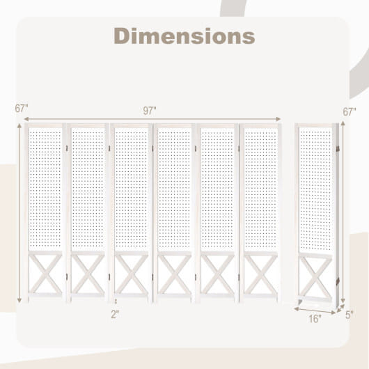 6-Panel Pegboard Room Divider 67 Inches Tall Foldable Privacy Screen - Size: 6 Panel