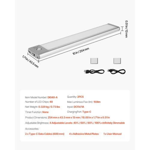 Under Cabinet Lighting, 2 PCS, 40 LED Motion Sensor Lights, Rechargeable Battery Operated Closet Lights, Wireless Under Counter Light for Cabinets, Bookshelf, Stair, Hallway
