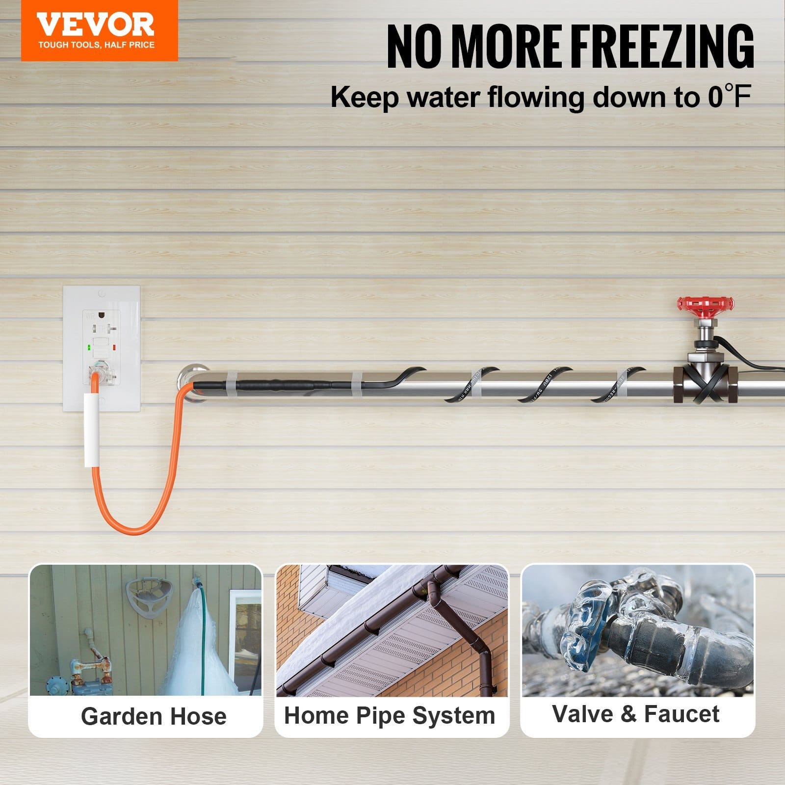 Self-Regulating Pipe Heating Cable, 3FT 5W/FT Heat Tape for Pipes Freeze Protection, Water Pipe Heat Cable with Built-in Thermostat Protects PVC Hose, Metal and Plastic Pipe from Freezing