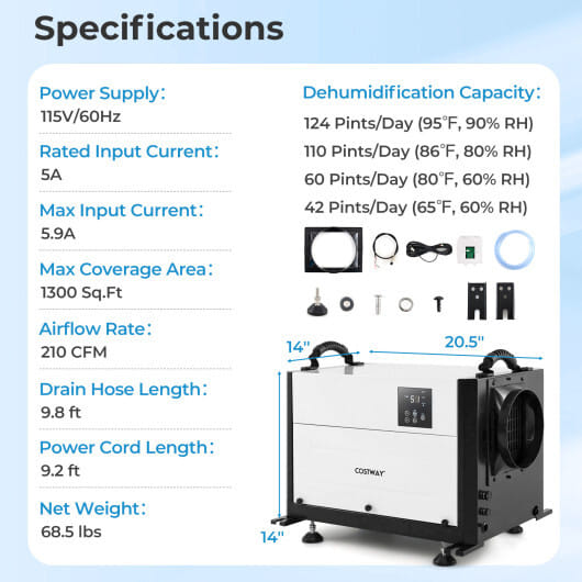 124 Pint Crawl Space Dehumidifier with 3 Modes and 24H Timer-White - Color: White