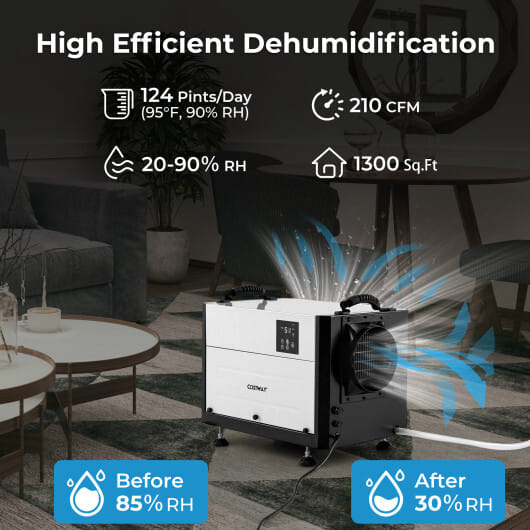 124 Pint Crawl Space Dehumidifier with 3 Modes and 24H Timer-White - Color: White
