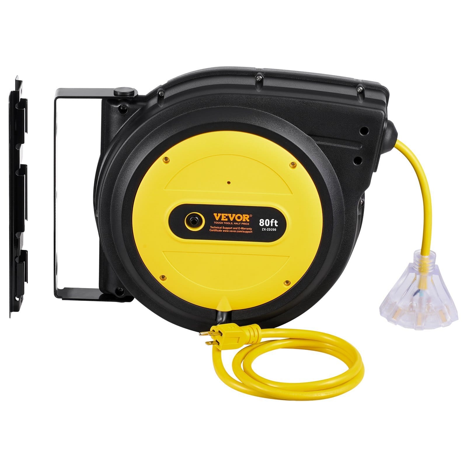 Retractable Extension Cord Reel, 80 FT, Heavy Duty 12AWG/3C SJTOW Retractable Power Cord with Lighted Triple Tap Outlet, 15 Amp Circuit Breaker 180?° Swivel Bracket for Ceiling or Wall Mount