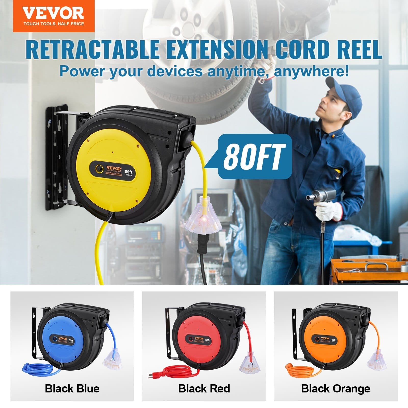 Retractable Extension Cord Reel, 80 FT, Heavy Duty 12AWG/3C SJTOW Retractable Power Cord with Lighted Triple Tap Outlet, 15 Amp Circuit Breaker 180?° Swivel Bracket for Ceiling or Wall Mount