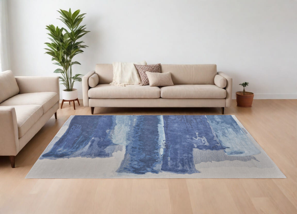 9' X 12' Blue and Ivory Abstract Hand Tufted Area Rug