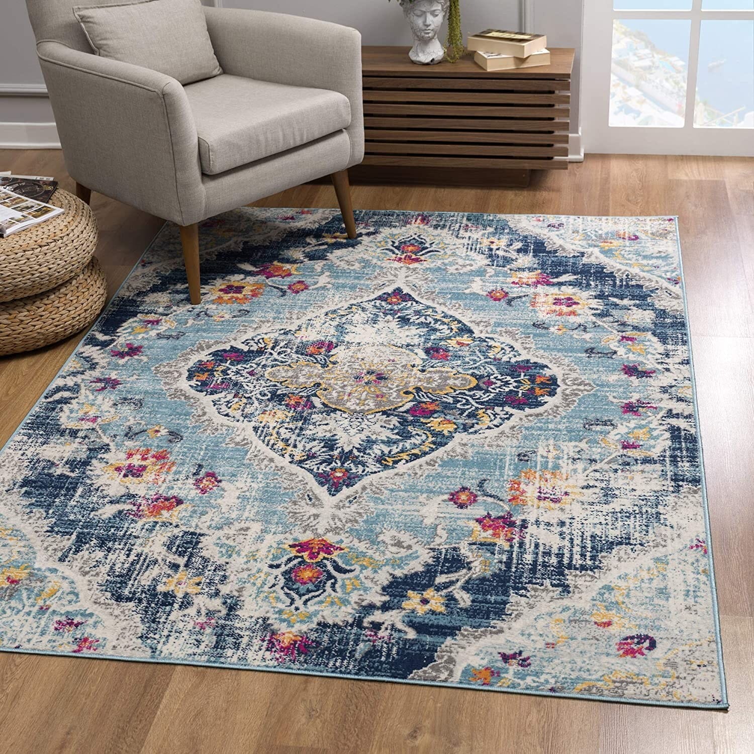 13' Blue and Ivory Medallion Distressed Runner Rug