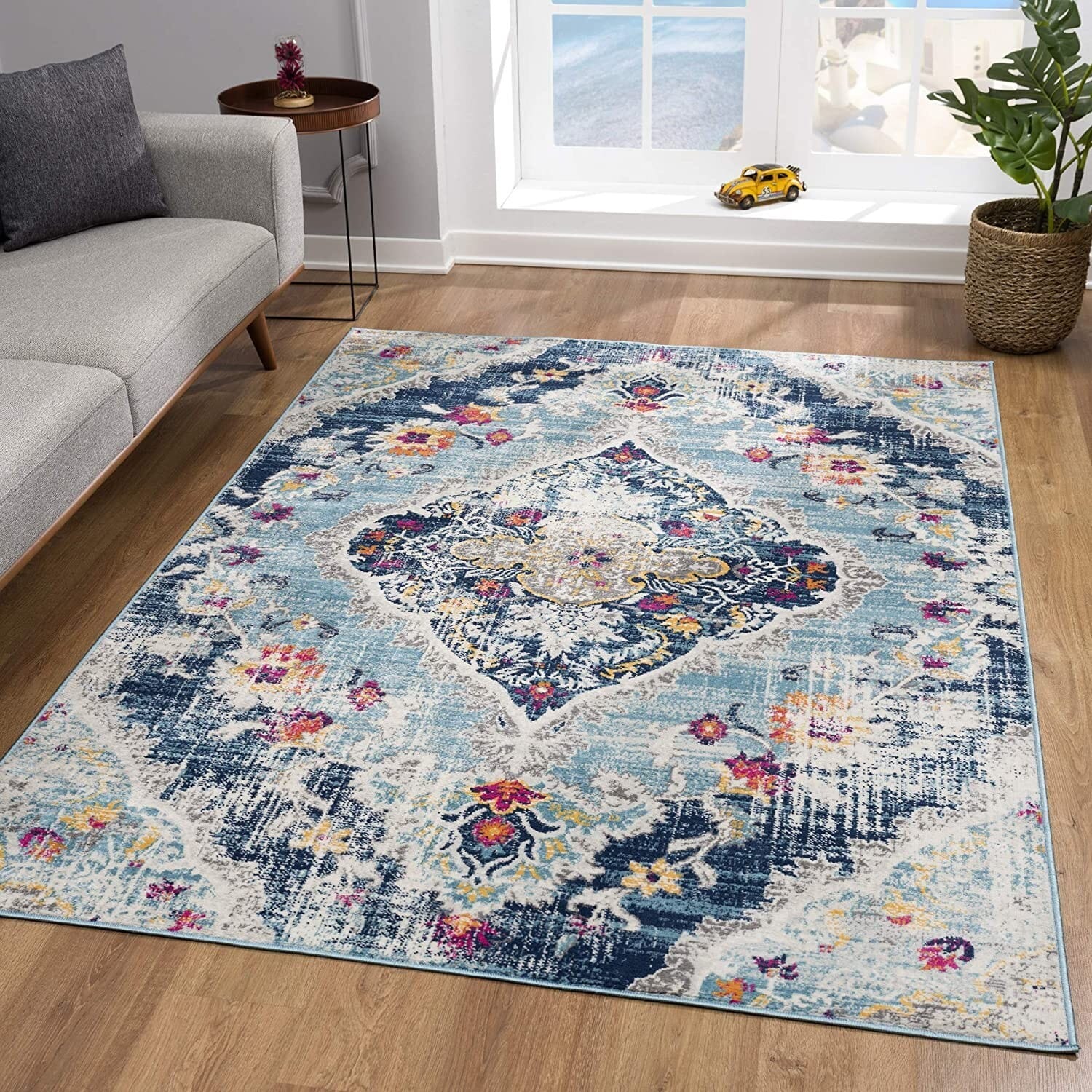 13' Blue and Ivory Medallion Distressed Runner Rug