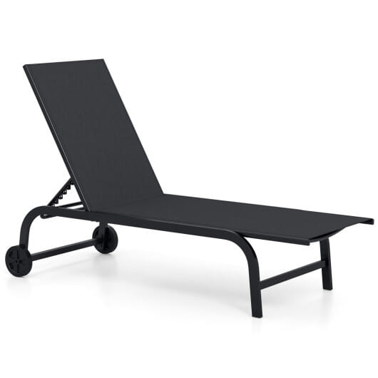 Outdoor Chaise Lounge Chair with Wheels and Metal Frame-Black - Color: Black