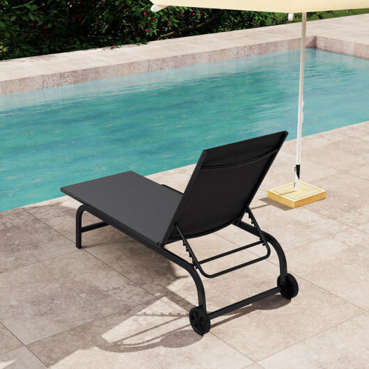 Outdoor Chaise Lounge Chair with Wheels and Metal Frame-Black - Color: Black