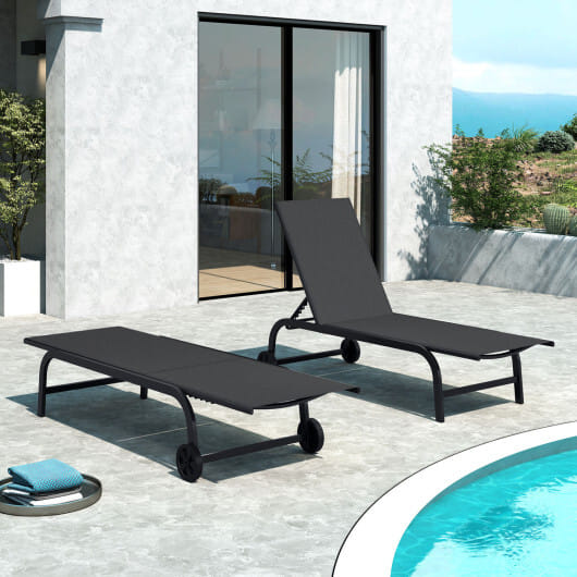Outdoor Chaise Lounge Chair with Wheels and Metal Frame-Black - Color: Black