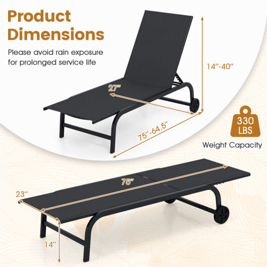 Outdoor Chaise Lounge Chair with Wheels and Metal Frame-Black - Color: Black