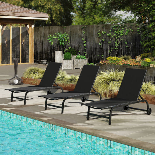 Outdoor Chaise Lounge Chair with Wheels and Metal Frame-Black - Color: Black