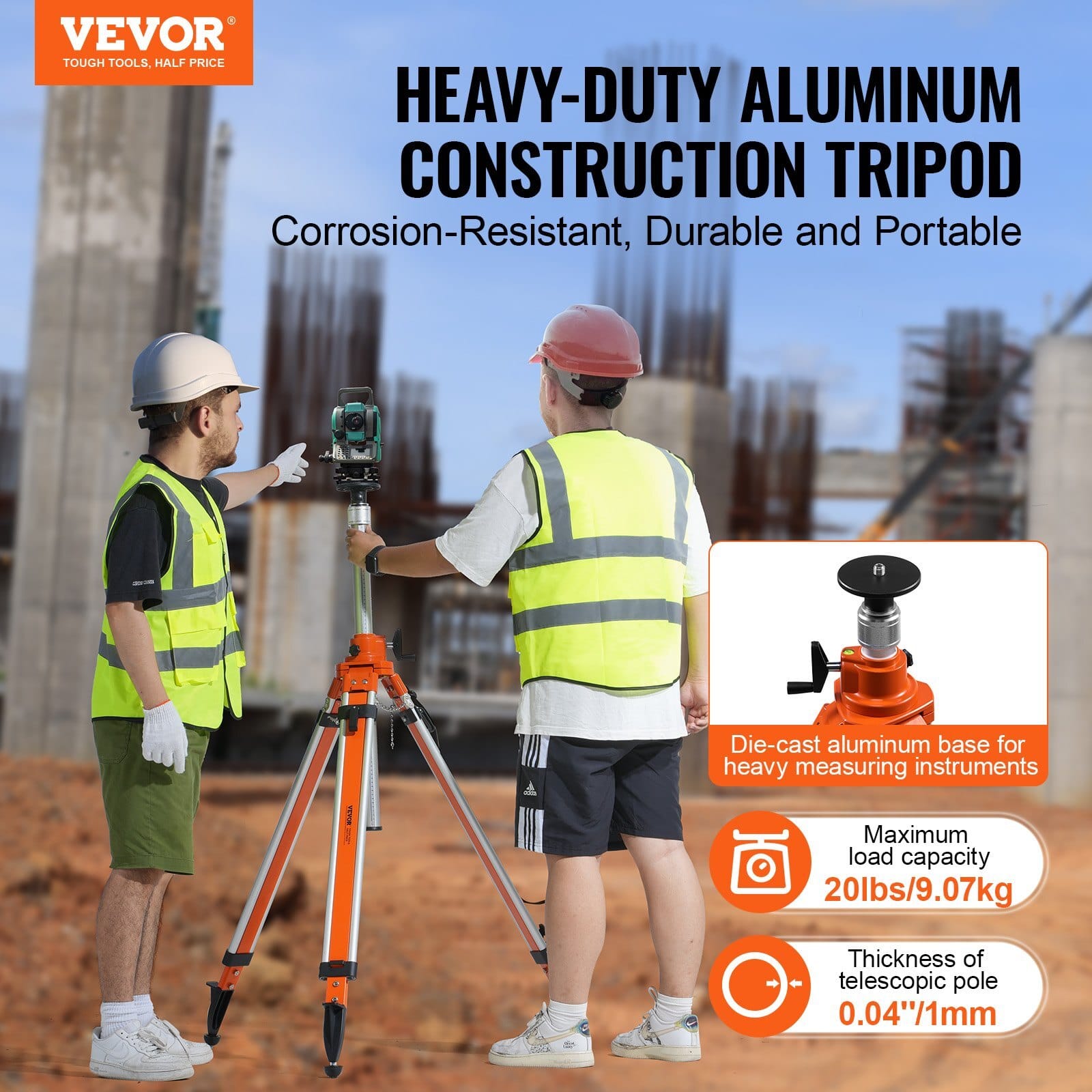 Laser Level Tripod Stand, 5/8"-11 Thread Mount, 45.07-114.37 inch Height Adjustment Heavy Duty Survey Tripod, with Level Bubble & Diffusion Limiter , Liftable Non-Skid Feet for Construction