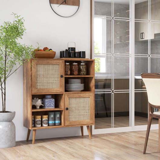 Rattan Buffet Cabinet with 2 Doors and 2 Cubbies-Natural - Color: Natural