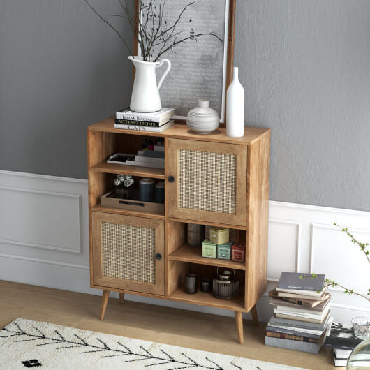 Rattan Buffet Cabinet with 2 Doors and 2 Cubbies-Natural - Color: Natural