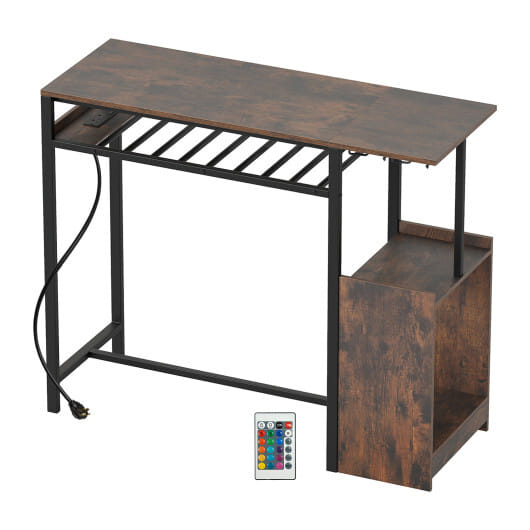Rectangular Bar Table with Charging Station and LED Light-Rustic Brown - Color: Rustic Brown