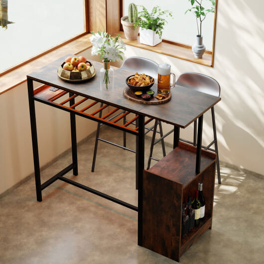 Rectangular Bar Table with Charging Station and LED Light-Rustic Brown - Color: Rustic Brown