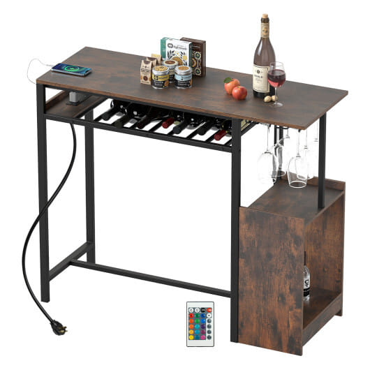 Rectangular Bar Table with Charging Station and LED Light-Rustic Brown - Color: Rustic Brown