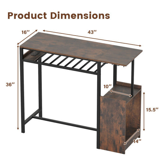 Rectangular Bar Table with Charging Station and LED Light-Rustic Brown - Color: Rustic Brown