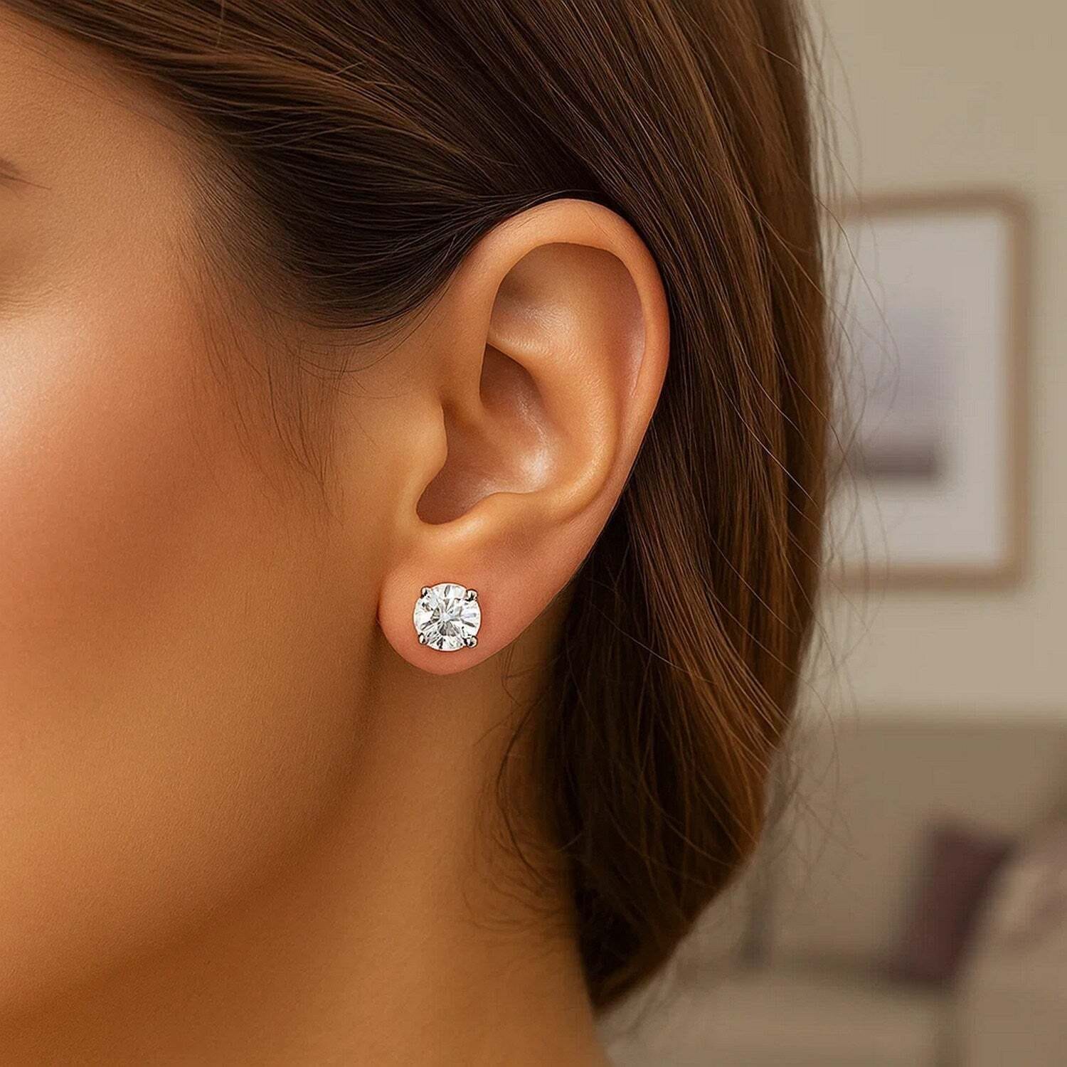 14k White Gold Stud Earrings with White Hue Faceted Cubic Zirconia(6mm)