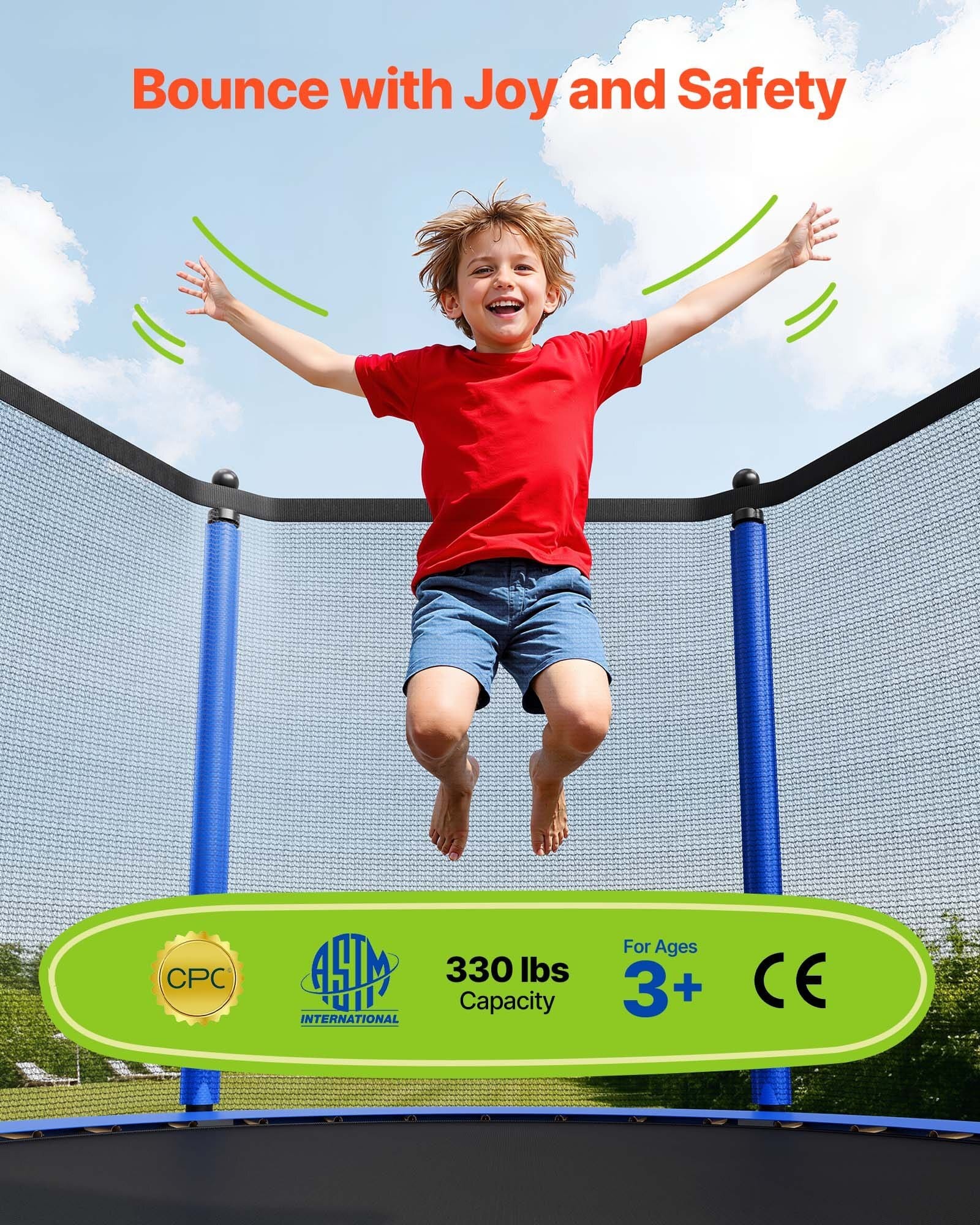 Outdoor Trampoline, 10FT Round Recreational Trampoline with Enclosure Net, ASTM Approved, Heavy Duty Trampolines, Max 330 lbs Weight Capacity, Anti-Rust Backyard Trampolines for Kids & Adults