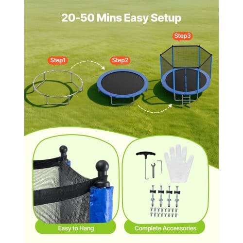 Outdoor Trampoline, 10FT Round Recreational Trampoline with Enclosure Net, ASTM Approved, Heavy Duty Trampolines, Max 330 lbs Weight Capacity, Anti-Rust Backyard Trampolines for Kids & Adults