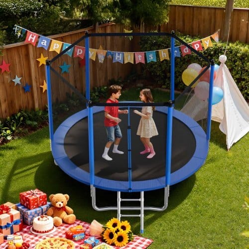 Outdoor Trampoline, 10FT Round Recreational Trampoline with Enclosure Net, ASTM Approved, Heavy Duty Trampolines, Max 330 lbs Weight Capacity, Anti-Rust Backyard Trampolines for Kids & Adults