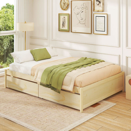 Full Size Wooden Bed Frame with 2 Rolling Storage Drawers-Natural - Color: Natural - Size: Full Size