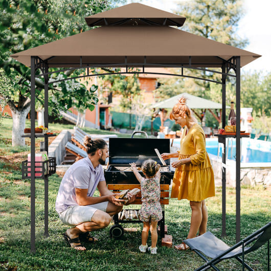 8 x 5 Feet Outdoor Grill Gazebo with 2 Side Shelves and 10 Hooks-Brown - Color: Brown