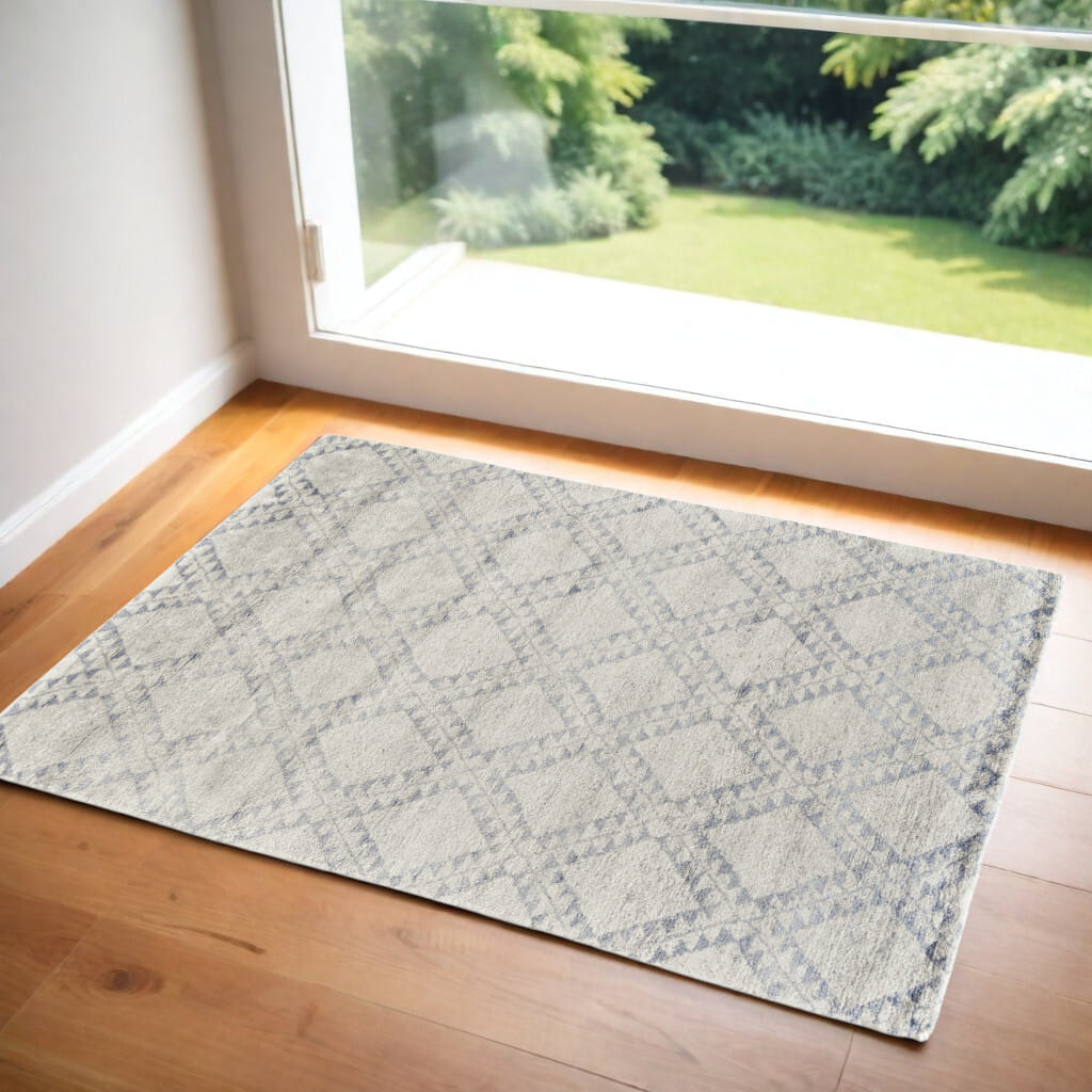 2' X 3' Gray and Ivory Geometric Hand Knotted Worn Faded Area Rug