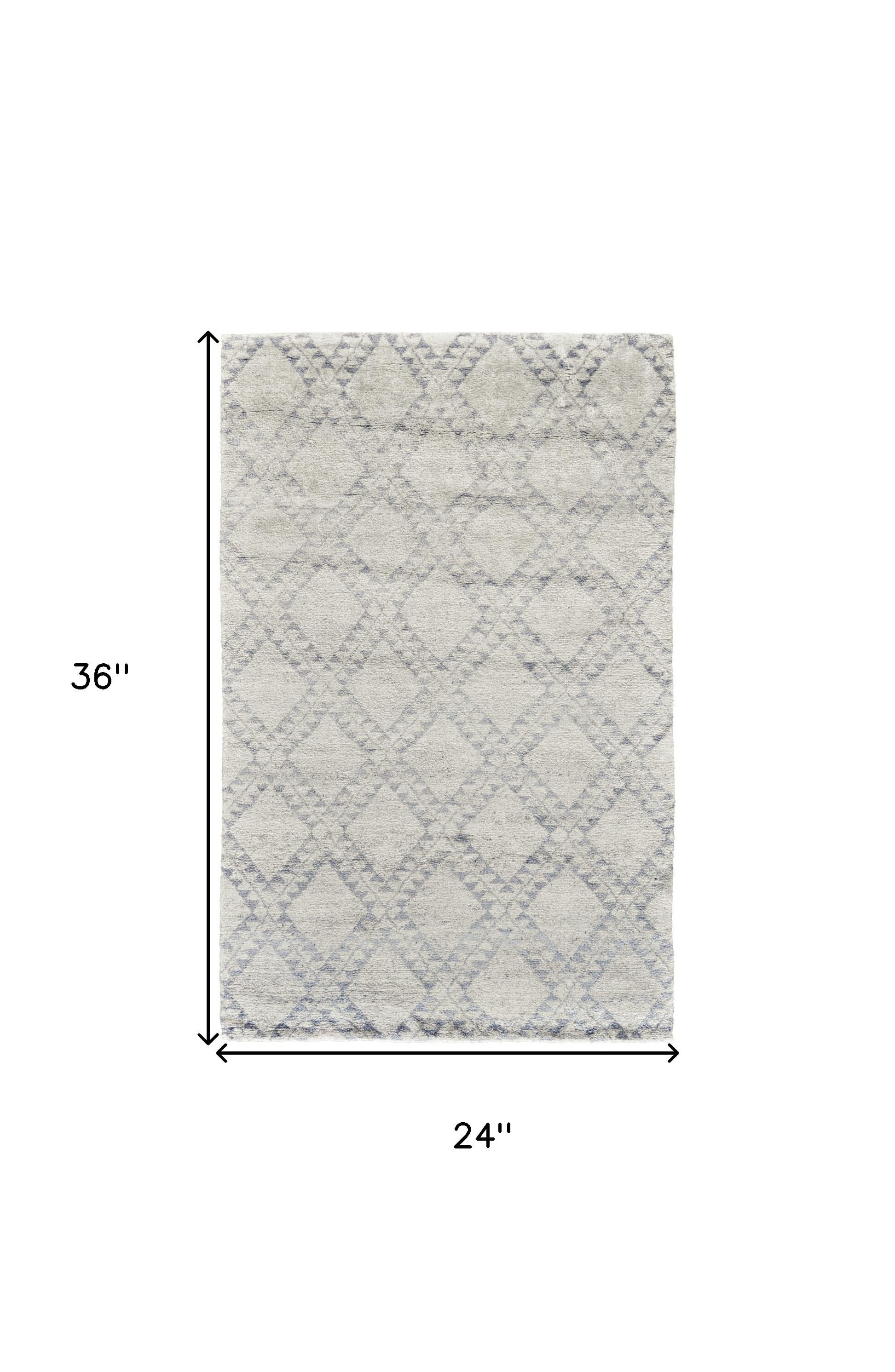 2' X 3' Gray and Ivory Geometric Hand Knotted Worn Faded Area Rug