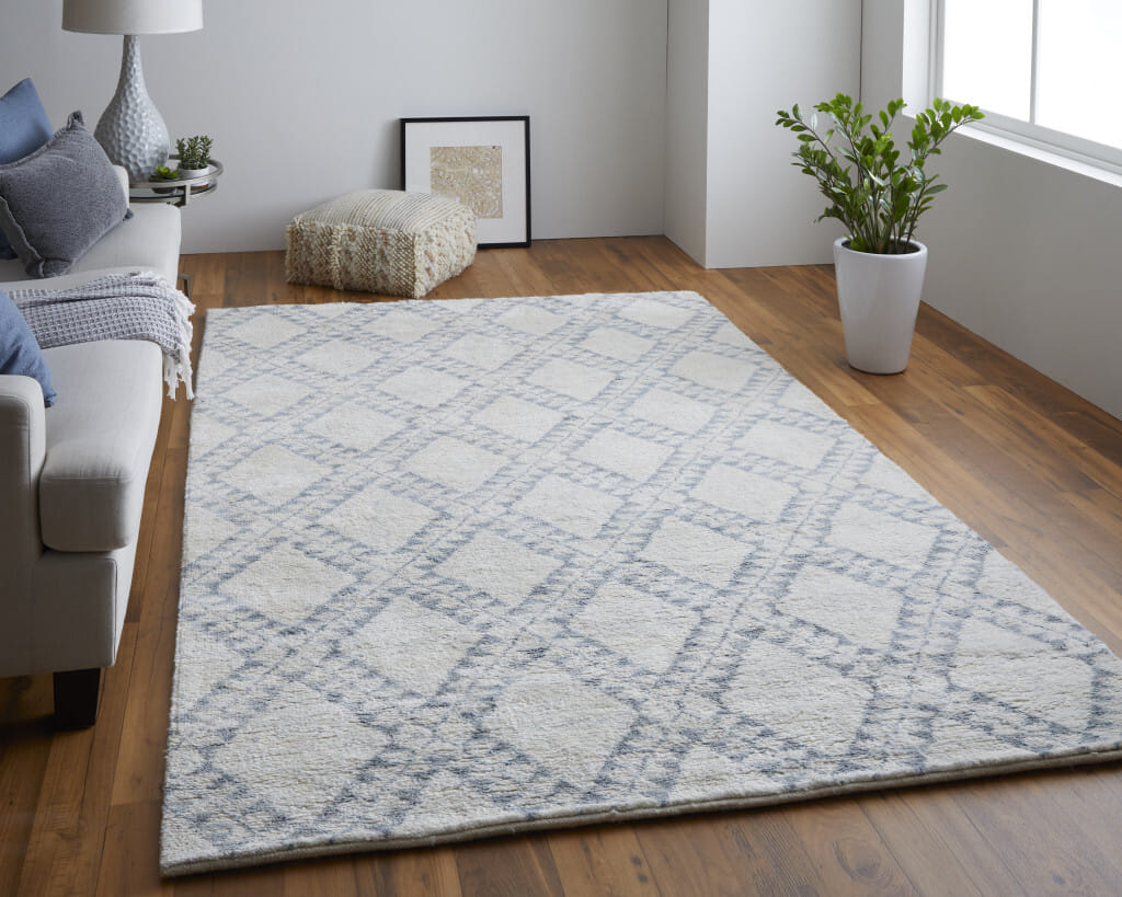 2' X 3' Gray and Ivory Geometric Hand Knotted Worn Faded Area Rug
