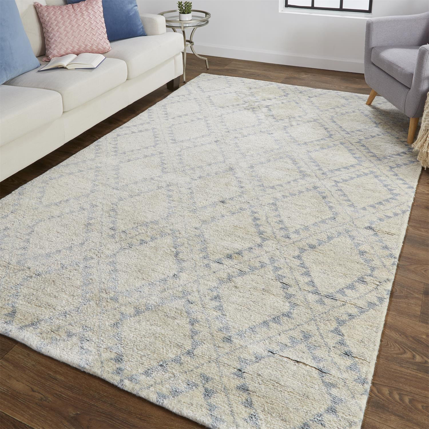 2' X 3' Gray and Ivory Geometric Hand Knotted Worn Faded Area Rug